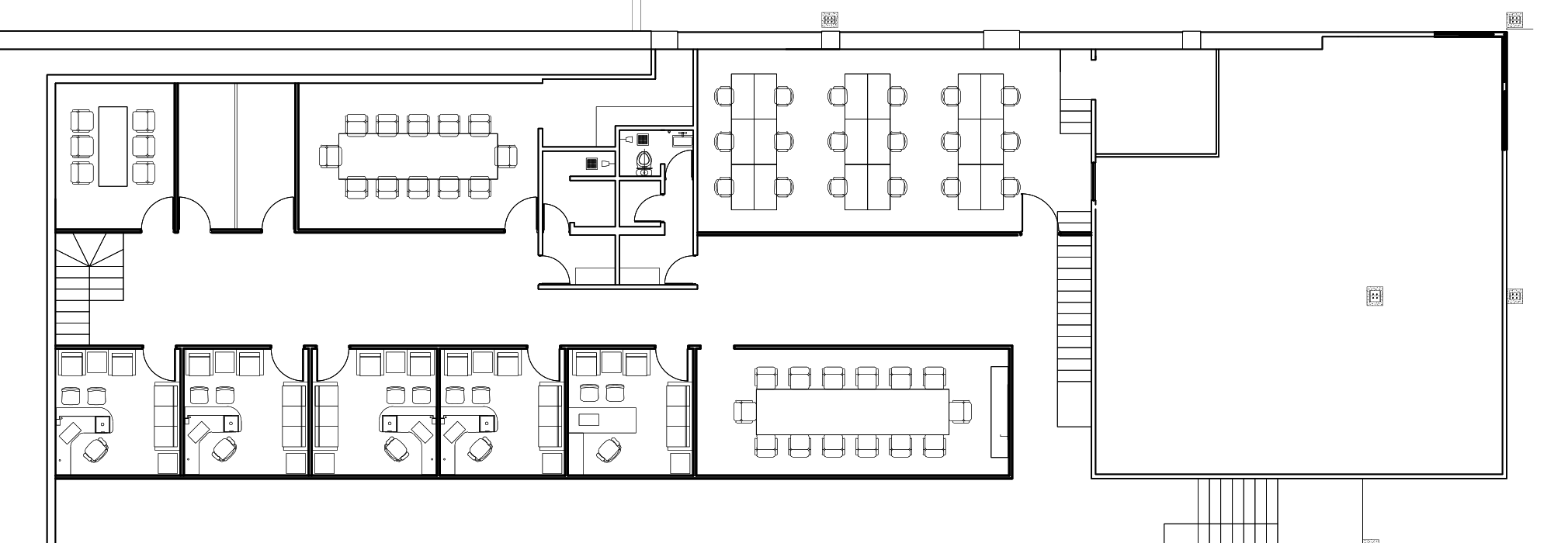 Architectural plan of the +8 foot management and staff floor with leadership cabins, meeting rooms and staff amenities