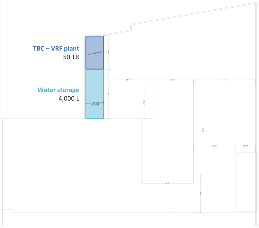 Roof services drawing showing 4,000 litre water storage and the 50 TR VRF plant marked TBC